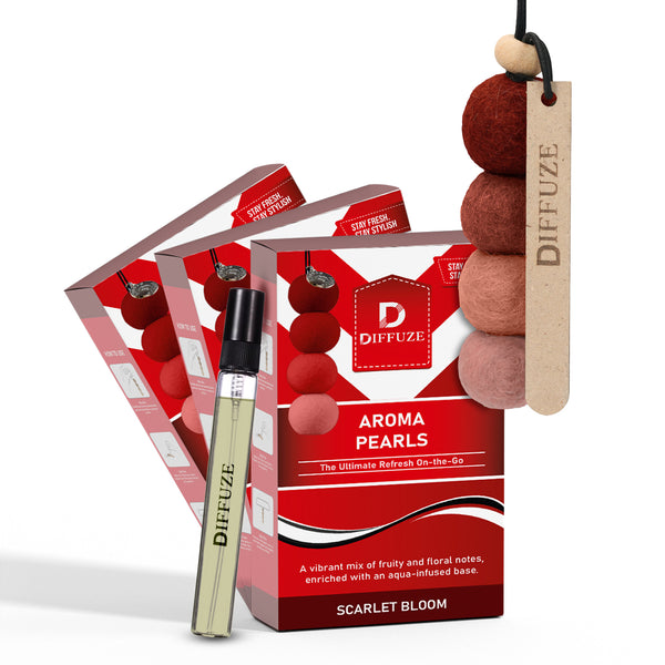 Aroma Pearls (Scarlet Bloom) | Luxury Car Air Freshener with Essential Oil Spray (Pack of 3)