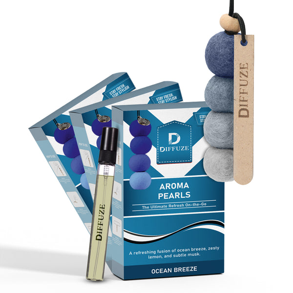 Aroma Pearls (Ocean Breeze) | Luxury Car Air Freshener with Essential Oil Spray (Pack of 3)