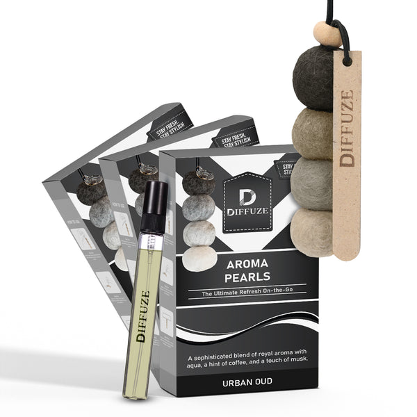 Aroma Pearls (Urban Oud) | Luxury Car Air Freshener with Essential Oil Spray (Pack of 3)