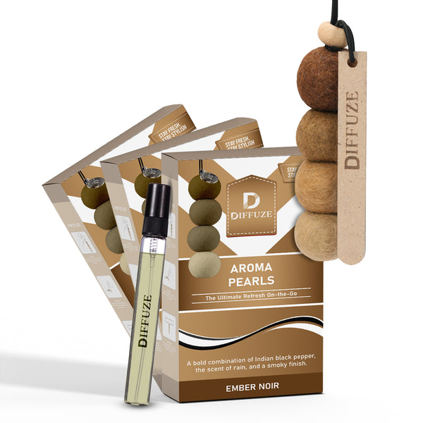 Aroma Pearls (Ember Noir) | Luxury Car Air Freshener with Essential Oil Spray (Pack of 3)