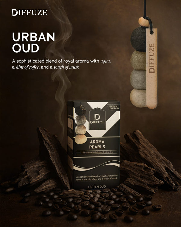 Aroma Pearls (Urban Oud) | Luxury Car Air Freshener with Essential Oil Spray