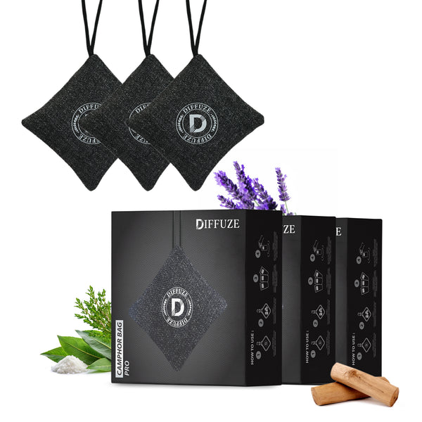 Black Camphor & Charcoal Air Purifier Set (4-in-1) – Natural Freshener for Car, Wardrobe, Drawers & Travel Bags (Pack of 3)