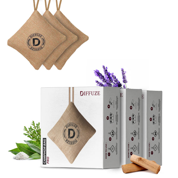 White Camphor & Charcoal Air Purifier Set (4-in-1) | Natural Freshener for Car, Wardrobe, Drawers & Travel Bags (Beige, Pack of 3)